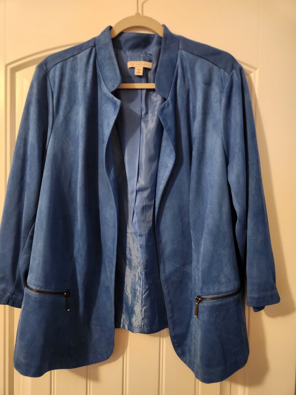 Ann Taylor Light Blue Suede Open-Front Jacket with Zip Pockets
